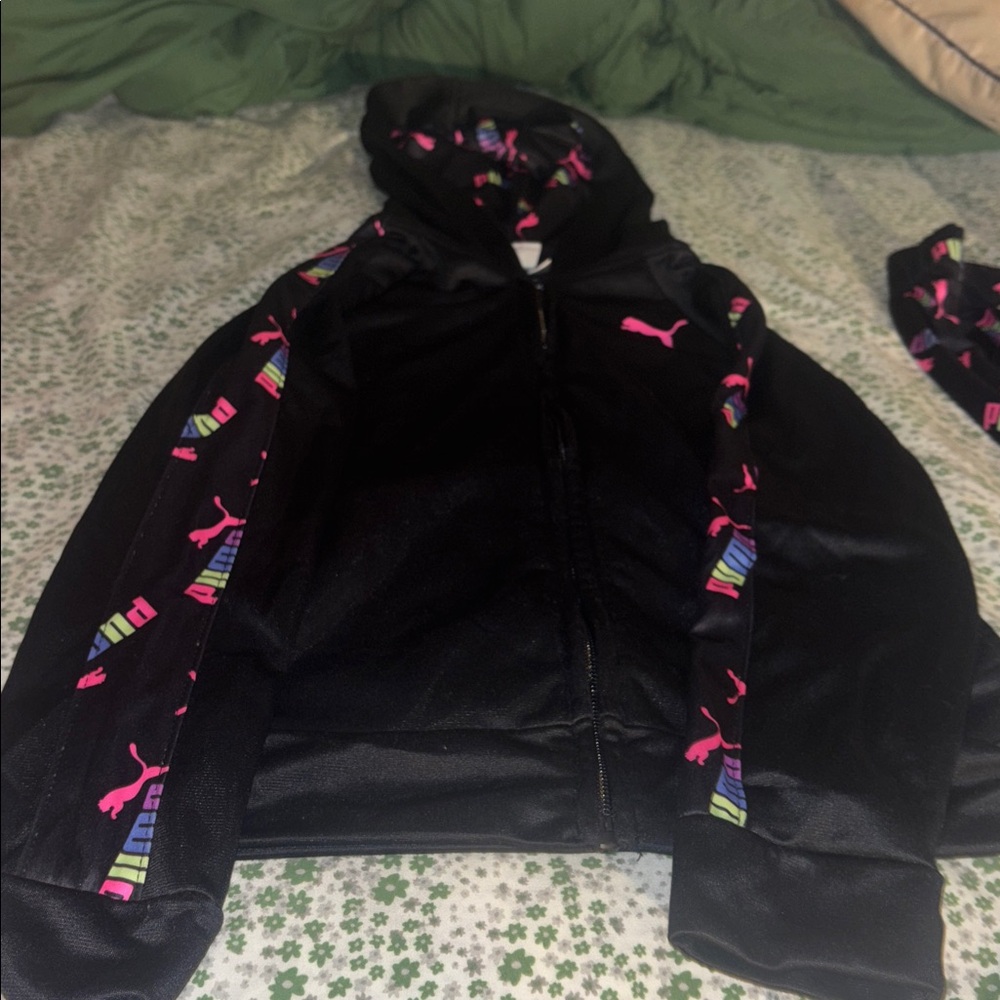 Puma Black Hoodie with Pink and Multicolor Accents